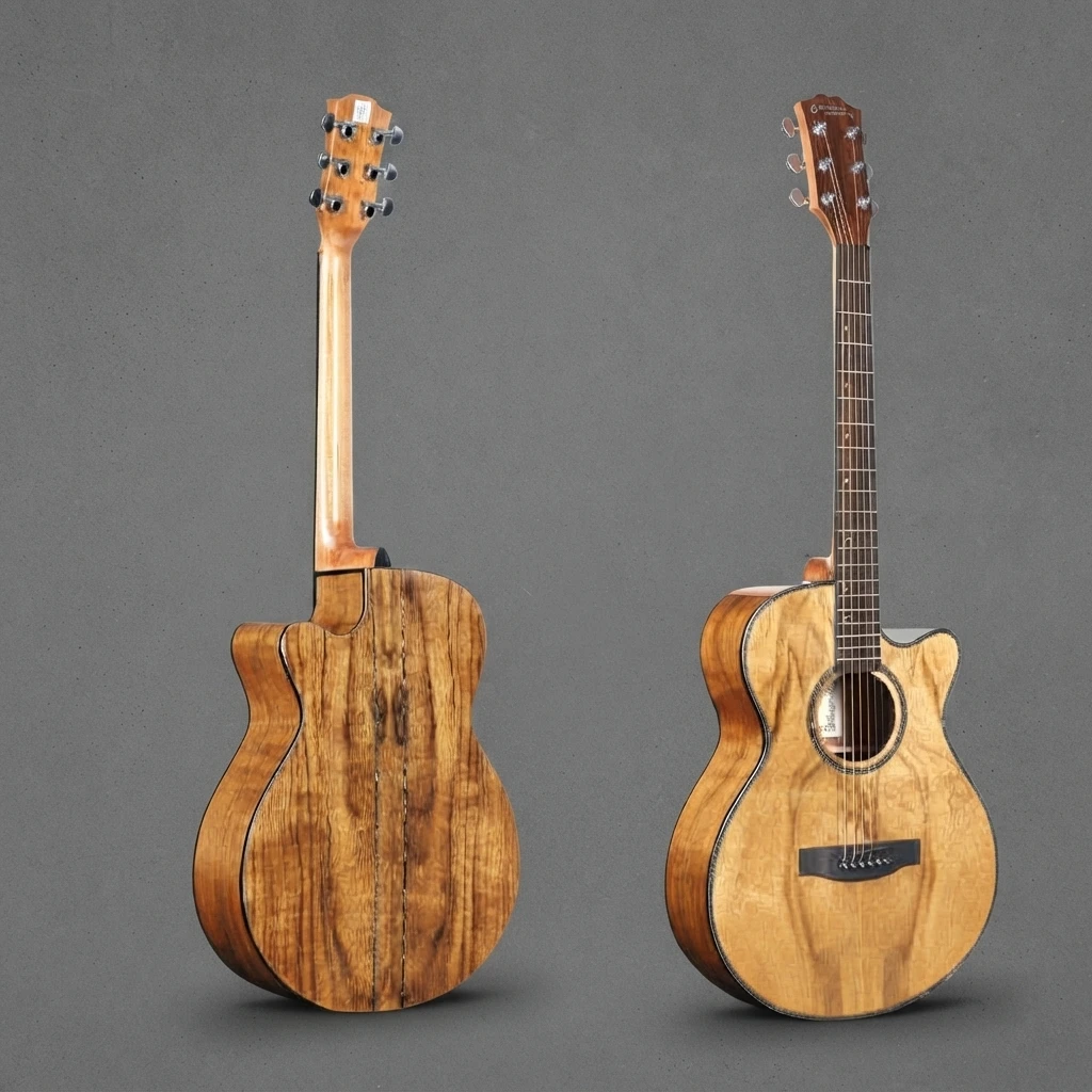 Two-Tone Striped Back Cutaway Guitar, Solid Top, Dark Fretboard, Gloss Finish, Chrome Tuners, 6 Strings for Entry Players