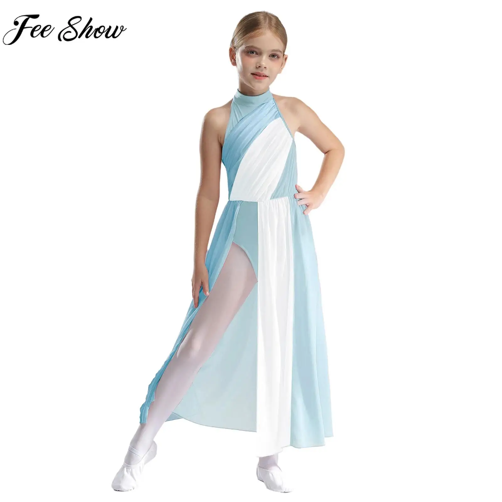 Girls Modern Lyrical Dance Performance Costume Sleeveless Split Maxi Dress Ballet Figure Skating Gymnastics Leotard Dancewear