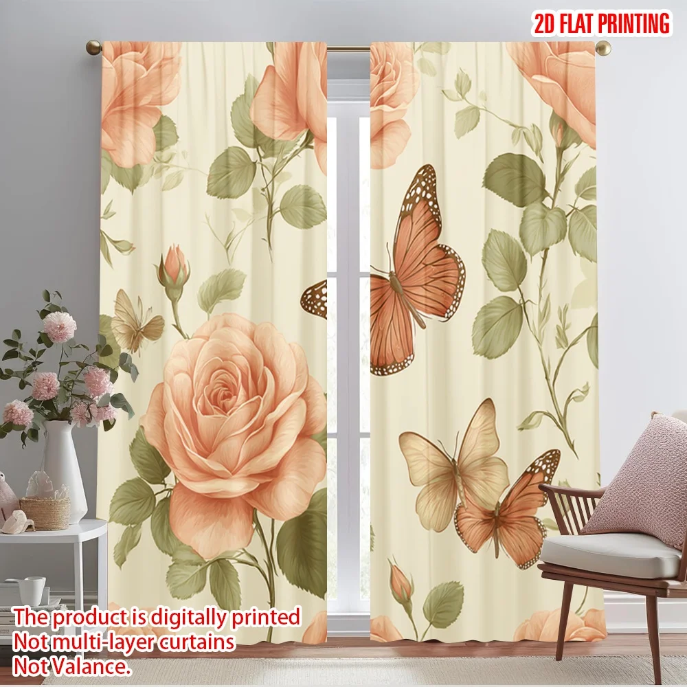 

2pcs 2D flat printing Window Curtains Butterfly Blossoms 100% Polyester Fabric Without Electricity Festive Wall Decor Use for