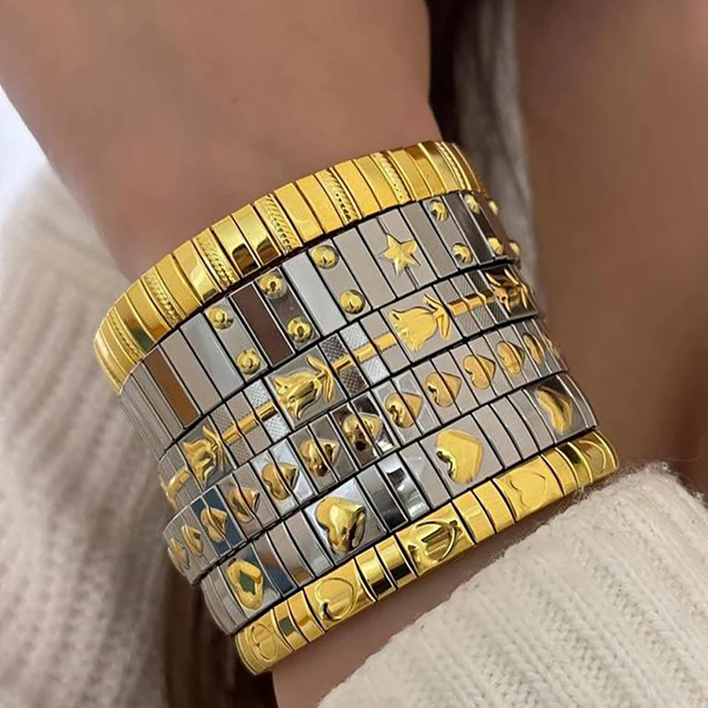 AENSOA Vintage Elasticity Stainless Steel Bangles Bracelet for Women Classic Heart Square Adjustable Wristband Waterproof Bangle image 5