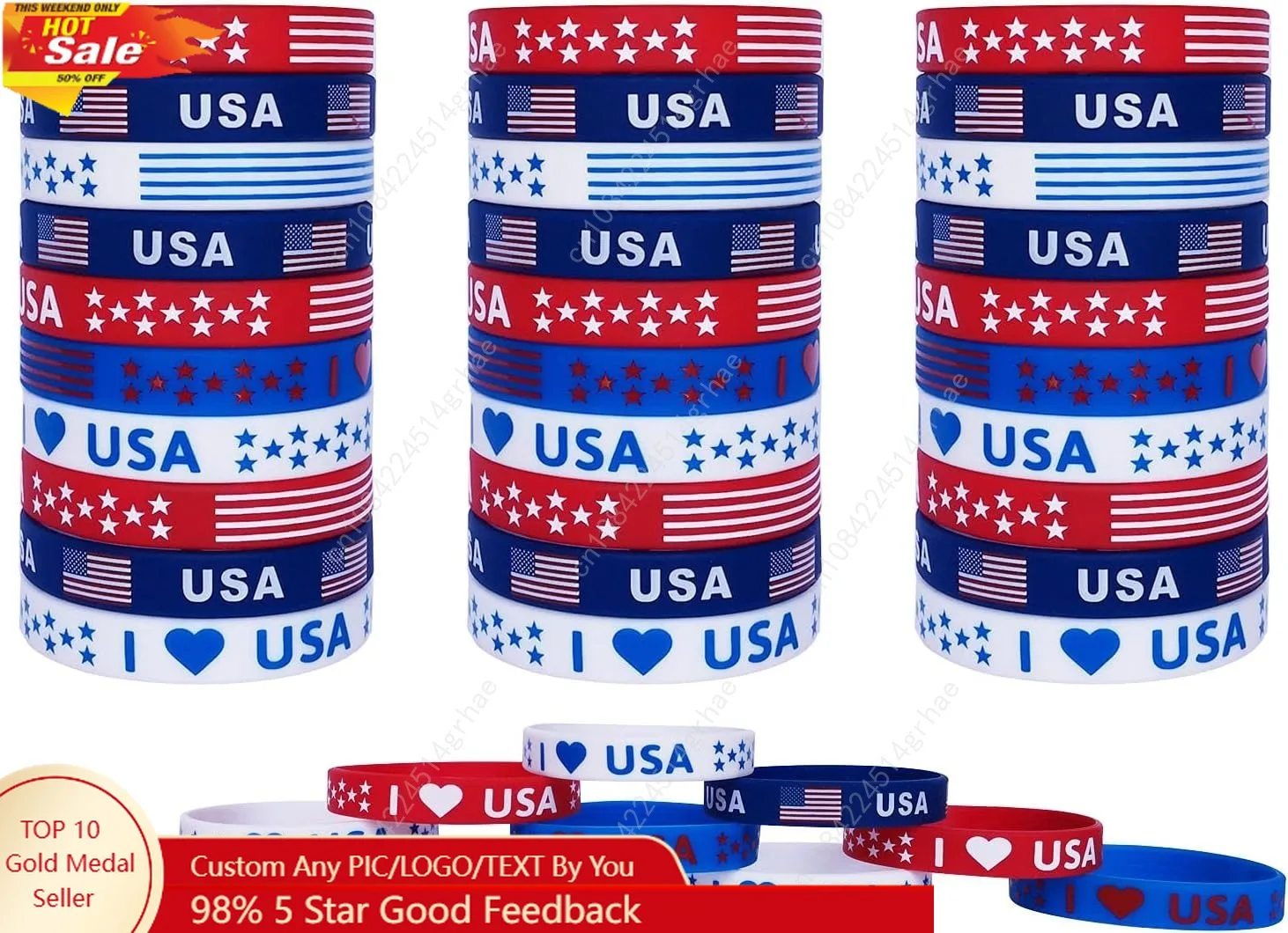 

American Flag Silicone Bracelet 40Pcs, Fourth 4th of July Patriotic Party Favors, Memorial Day Veterans Day Wristband, USA Red W