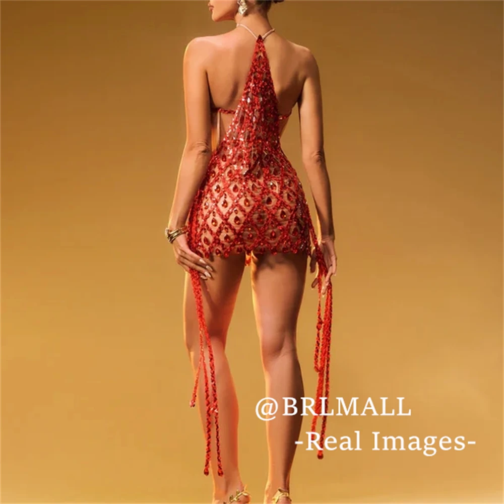 Sexy durchsichtiges kurzes Ballkleid für Frauen BRLMALL 2025, neue formelle Abendkleider, Neckholder, Kristalle, Partykleider, echte Fotos