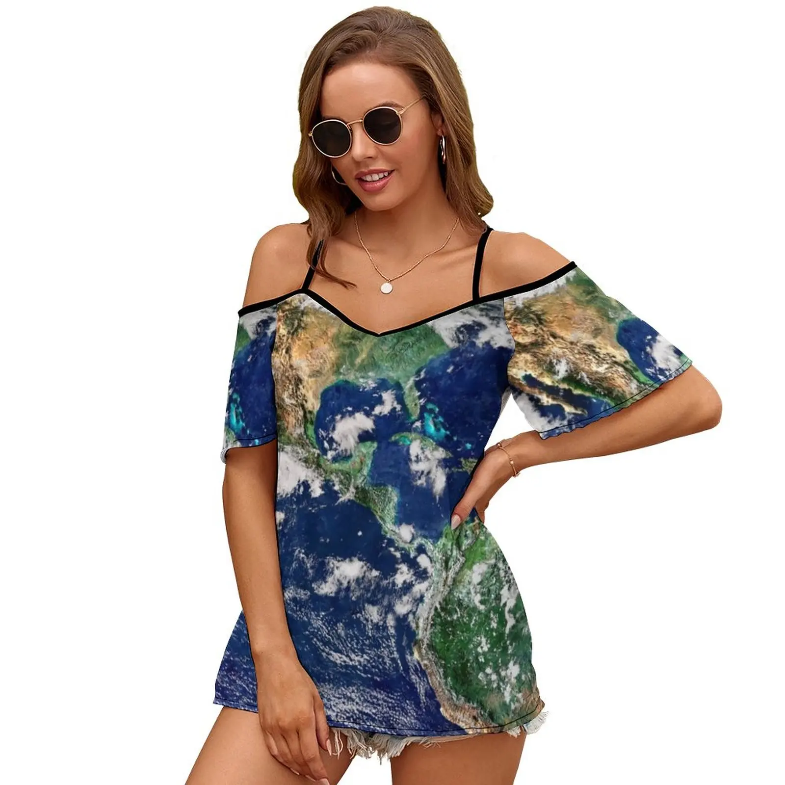 Earth From Space Slit Sleeve Cold Shoulder Print Women T Shirt Casual Summer Tee Tshirt Loose Top Earth Earth Photography Space