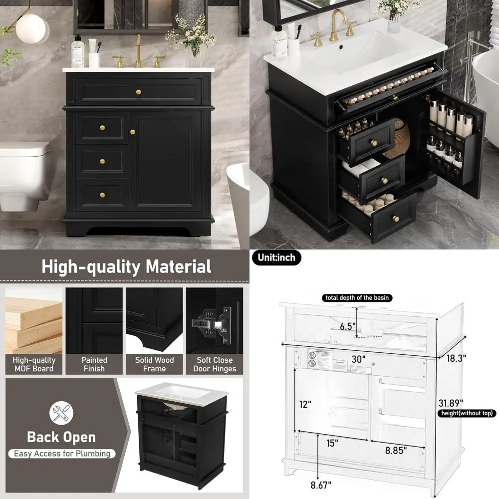 

Тумба для ванной 30 дюймов с раковиной Ceic, выдвижными ящиками и полкой для хранения, дверцами с плавным закрыванием, отдельно стоящая, из массива дерева.