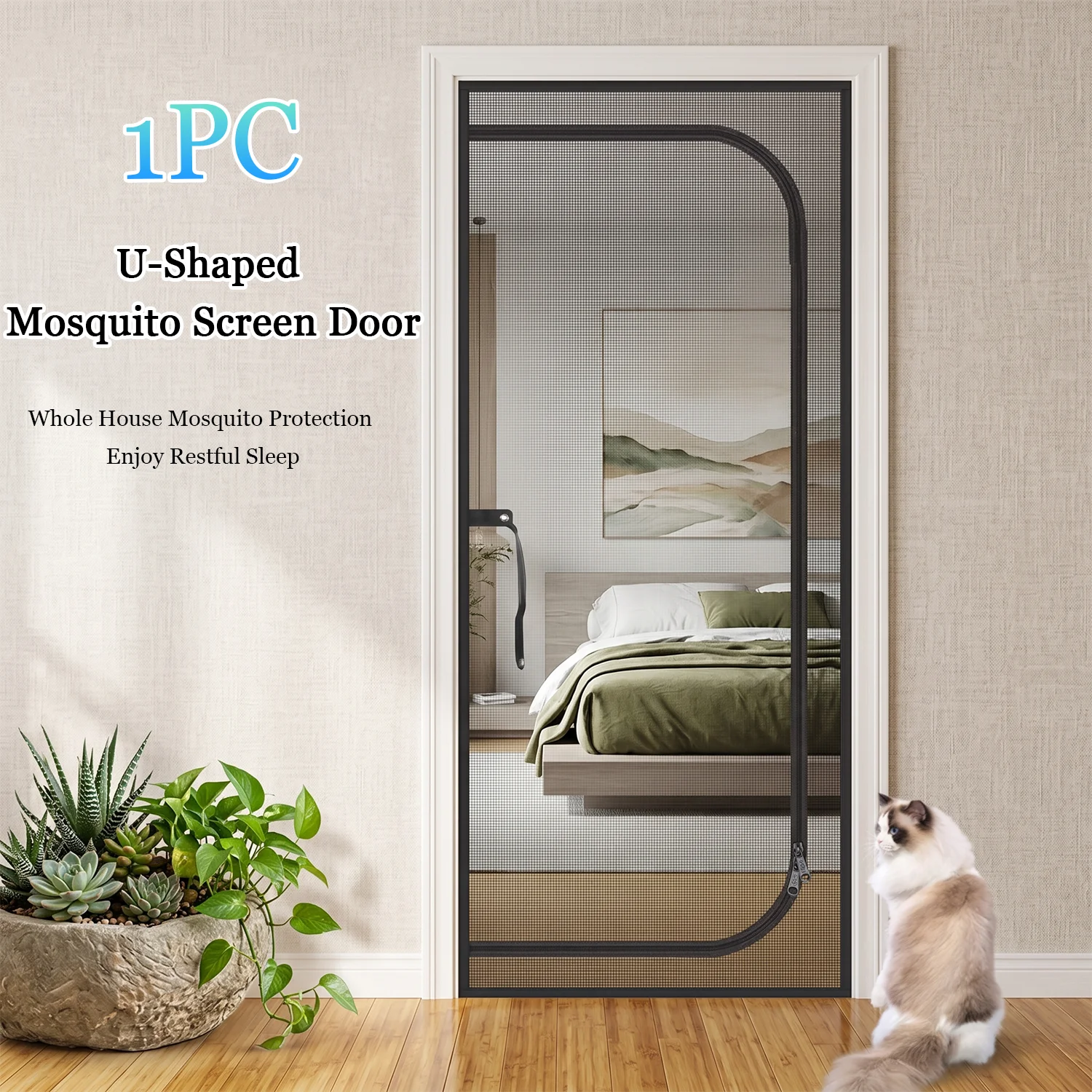 Pet‑Friendly Zipper Screen Door for Security Doors, No‑Fix Install, U‑Shape Ventilation, Keeps Insects Out and Pets Safe at Home