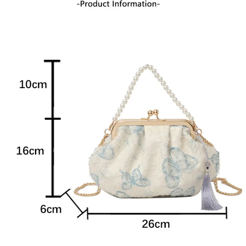 Butterfly Embroidery Print Tassel Evening Bags Small Clutches For Women Pearl Chain Handbags Fashion Gold Chain Shoulder Bags