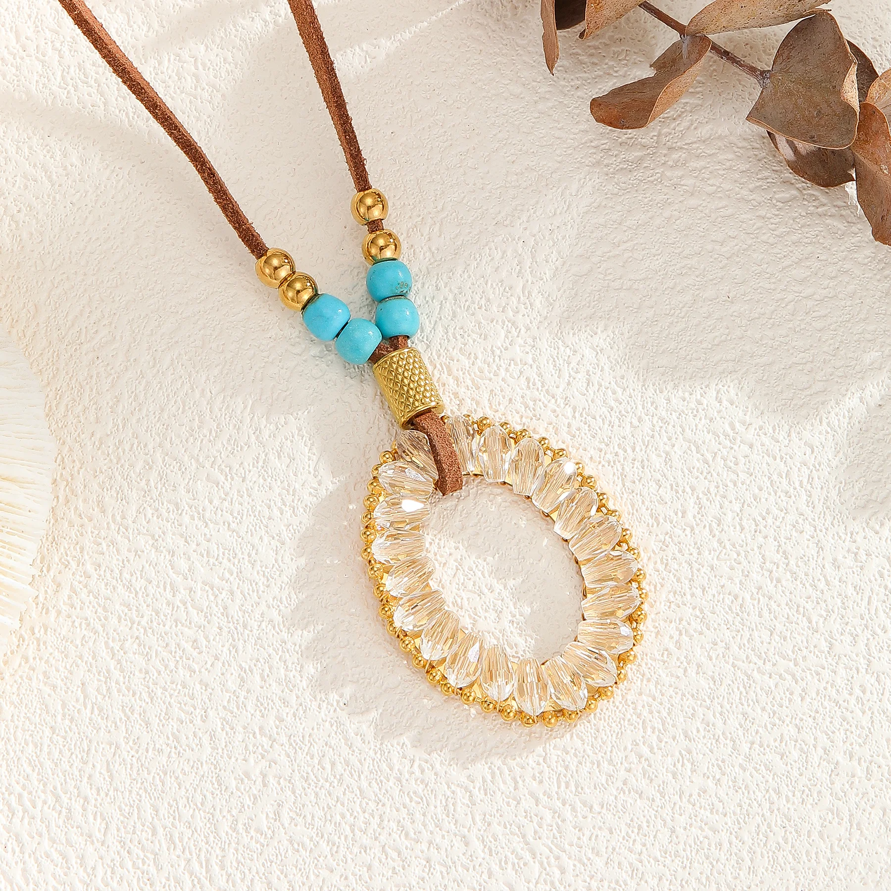 خمر الذهب اللون الشمس القوس زهرة قلادة القلائد للنساء البني الجلد المدبوغ الحبل الفيروز الخرز سلسلة المختنق الشتاء مجوهرات هدية #4