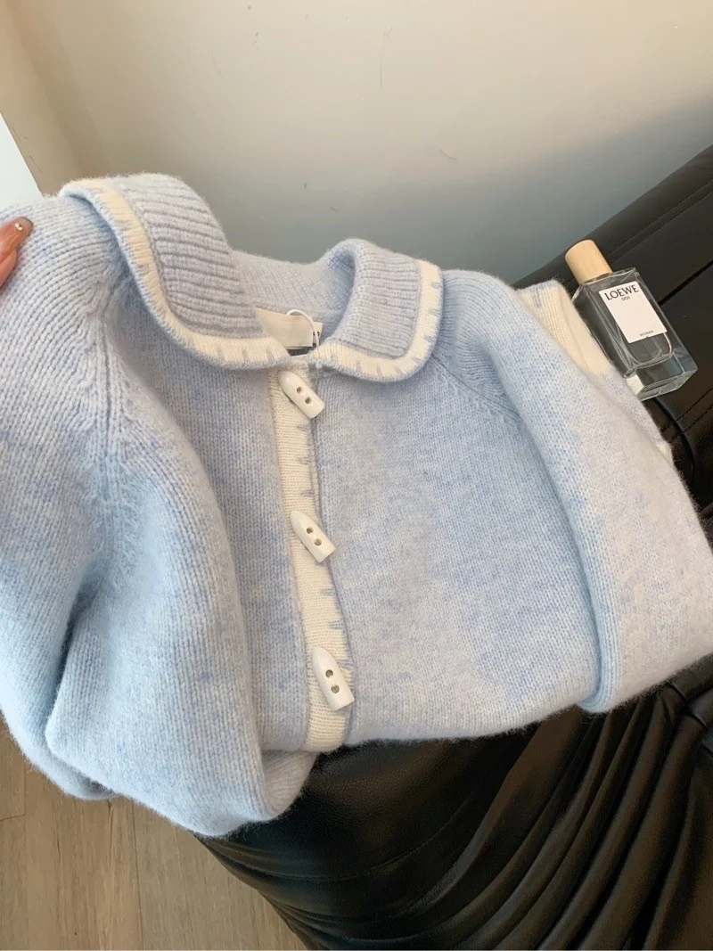 

Blue Knitted Open Cardigan Women's Spring New Style Gentle Wind Tagless Calf Button Loose Fit Long Sleeve Henry Collar Sweater