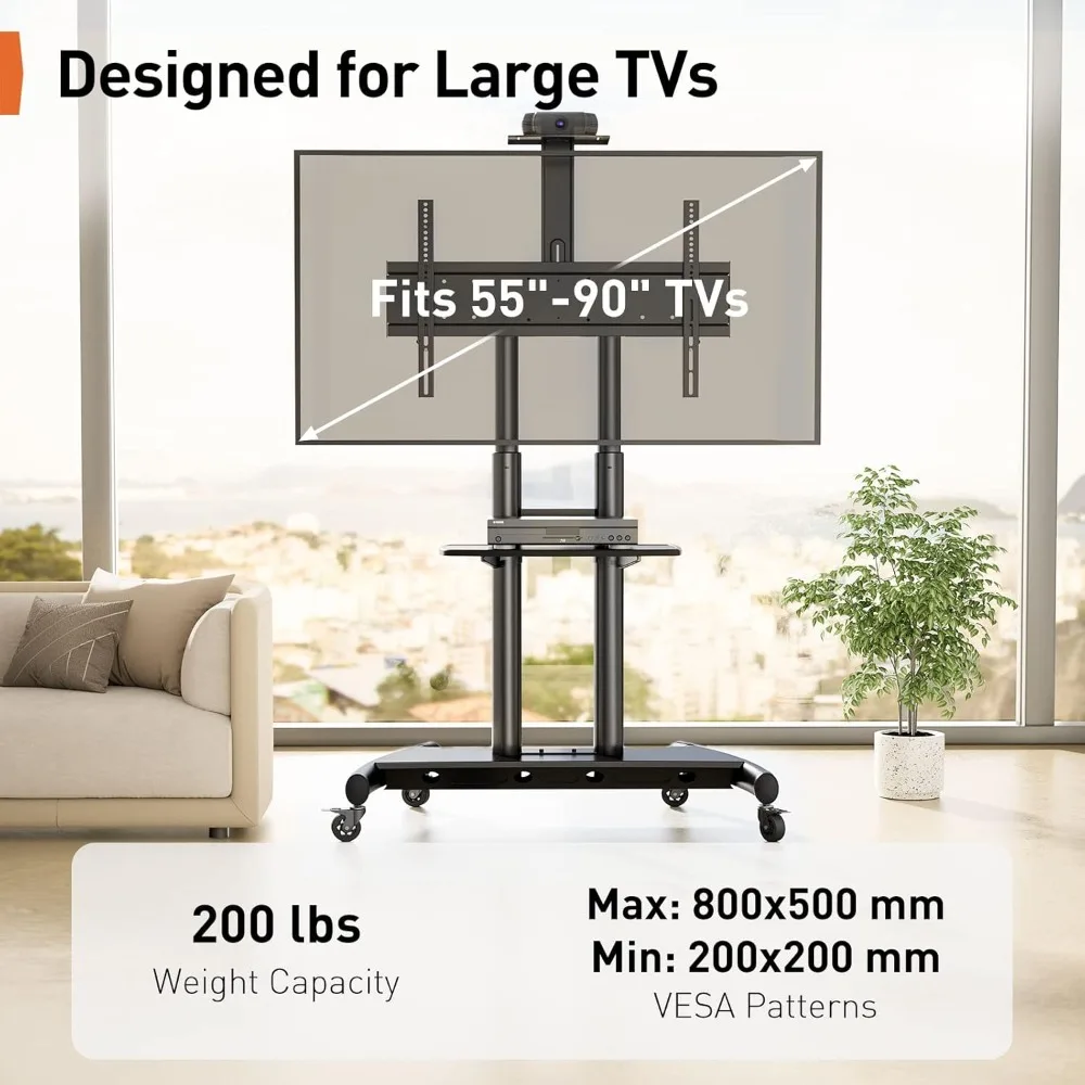 

Mobile TV Cart, Rolling TV Stand for 55-90 inch Flat or Curved TVs up to 200 lbs,Adjustable TV Cart with AV Shelf & Camera Shelf