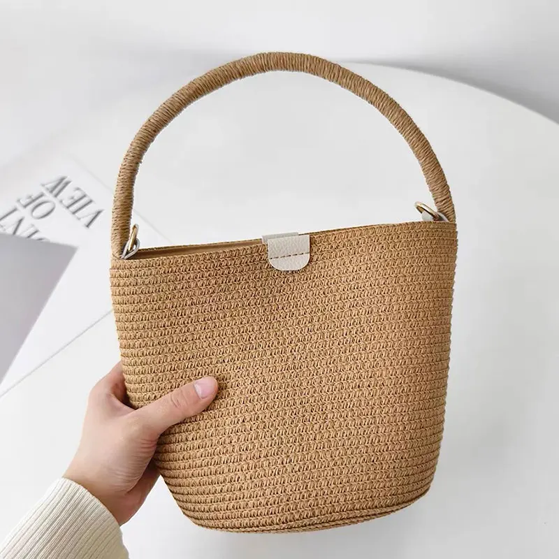 Korean Fashion Vacation Mini Paper Straw Summer Shoulder Handbags Bucket Bag Oblique Backed Beach Bag 2024 New Designer Tote Bag