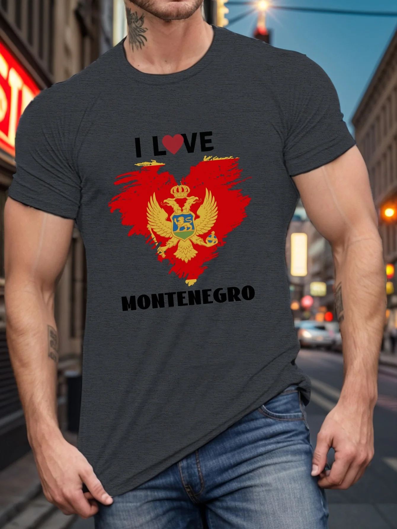

New t-shirt-Adventure, Men's Plus Size Summer T-Shirt with Montenegro Flag Heart Graphic, Casual