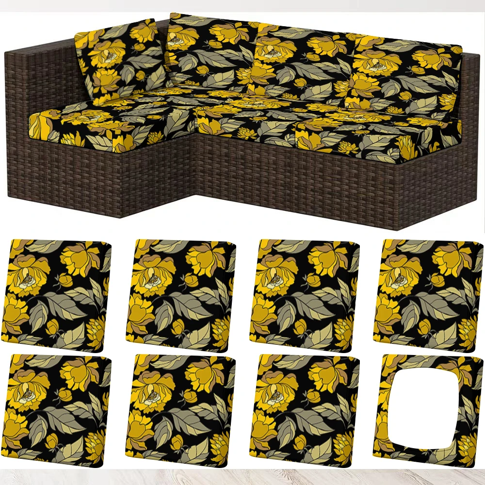 Summer Outdoor Sofa Cover with Yellow Floral & Green Leaf Print, Milk Silk Fabric, Stretchable for Indoor/Ou