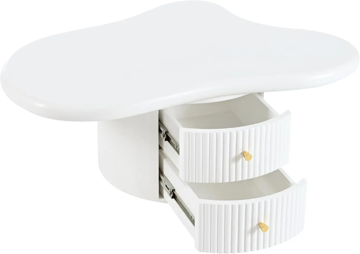 Coffee Table Set of 3, Irregular Shape Coffee Table with 2 Drawers, 2 Small Stools for Living Room, White