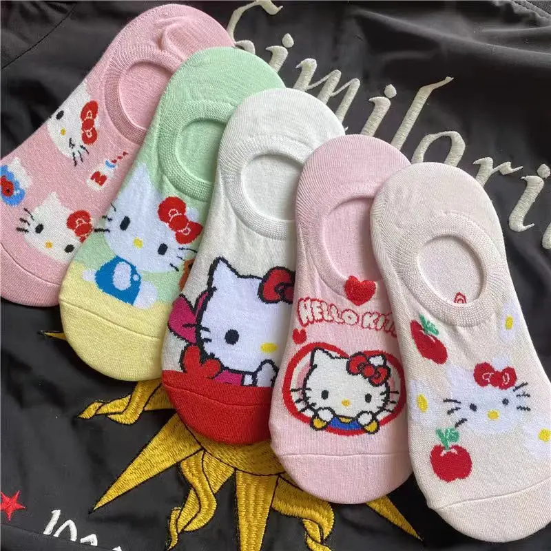 

Sanrio Интернет-носки в стиле знаменитостей Hello Kitty, носки в студенческом стиле с неглубоким носком, невидимые универсальные носки с героями мультфильмов аниме, 5 пар