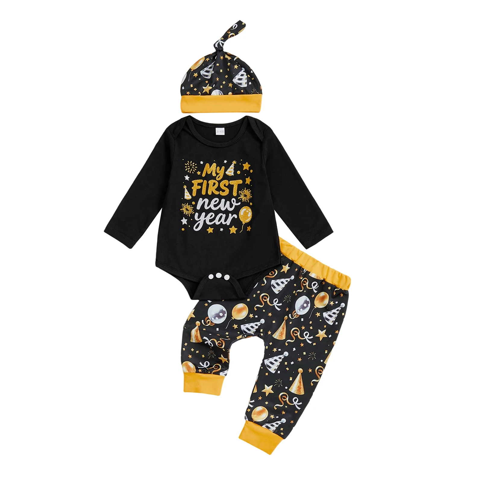 

Baby Boy New Year Outfit Set Letter Print Long Sleeve Romper and Balloon Pattern Pants and Matching Hat