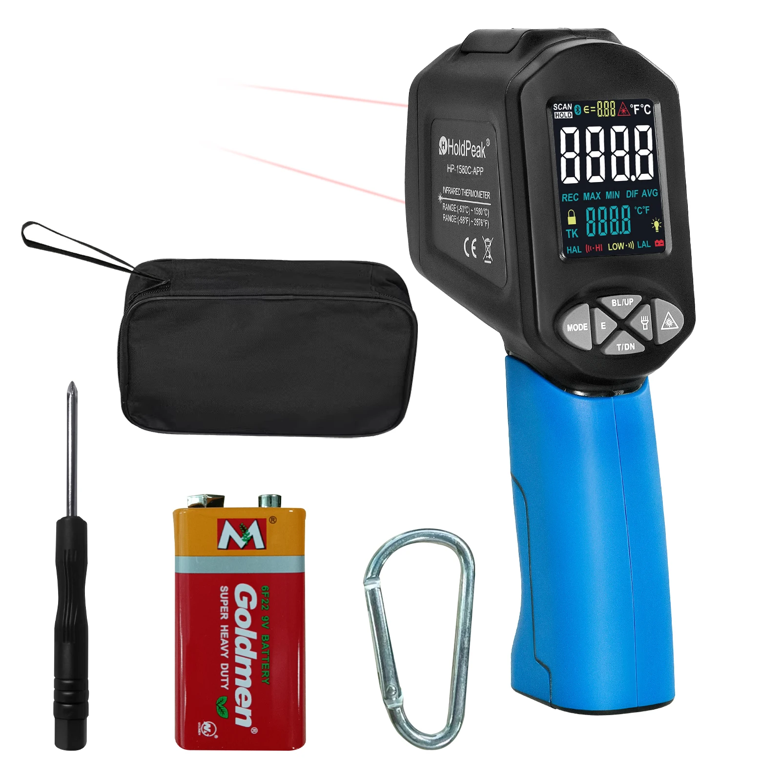 Holdpeak 1580C-APP Infrared Thermometer -50~1580℃ 30:1 Adjustable Emissivity Bluetooth Data Logger for Kiln HVAC