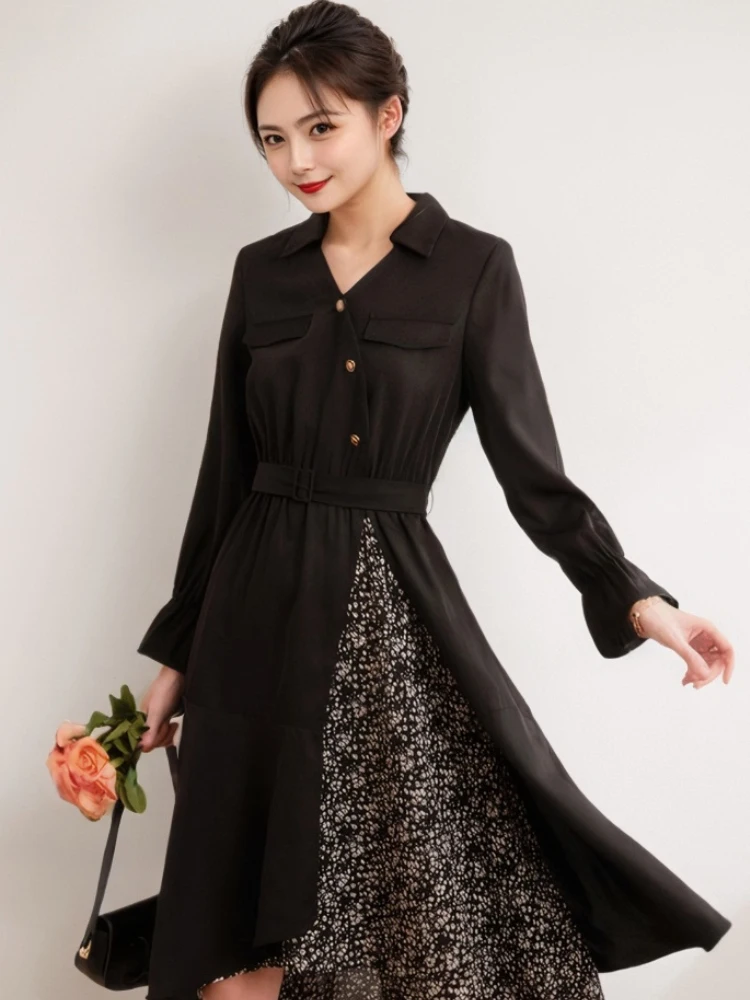 Outono preto retalhos floral babados midi vestido feminino manga longa gola polo camisa vestido 2025 coreano vintage hepburn vestidos