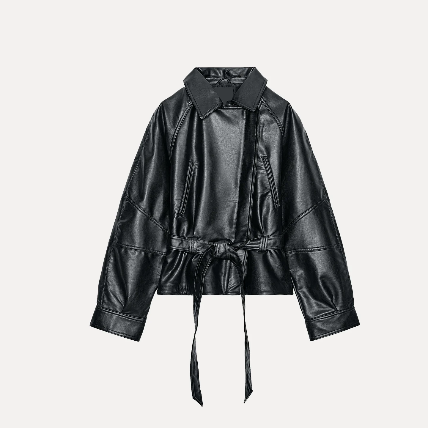 Z Mujer Faion ort Bla Leather Jaet 2025 Temporada de otoño Largo Sve Flip Collar Stand Fit Personali Sle