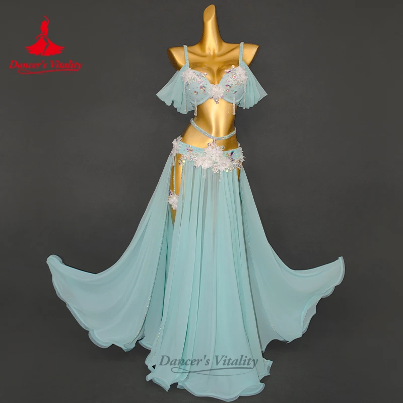 مجموعة أزياء الرقص الشرقي للنساء حمالة صدر فاخرة مرصعة بأحجار الراين + تنورة طويلة مثيرة مكونة من قطعتين ملابس أداء الرقص الشرقي الشرقي