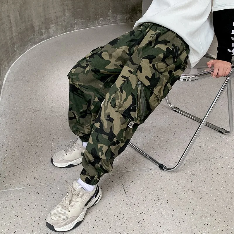 Boys Camouflage Jogging Pants Streetwear Cotton Cargo Trousers Harajuku Casual Joggers Spring Fall for Kids Clothes 6 to 14 Year