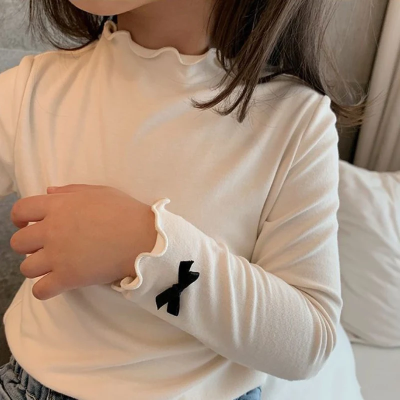 Girls Round Neck Bowknot Long Sleeve Top Girls Semi-High Neck Wooden Earring Bottom T-Shirt Girls Clothing