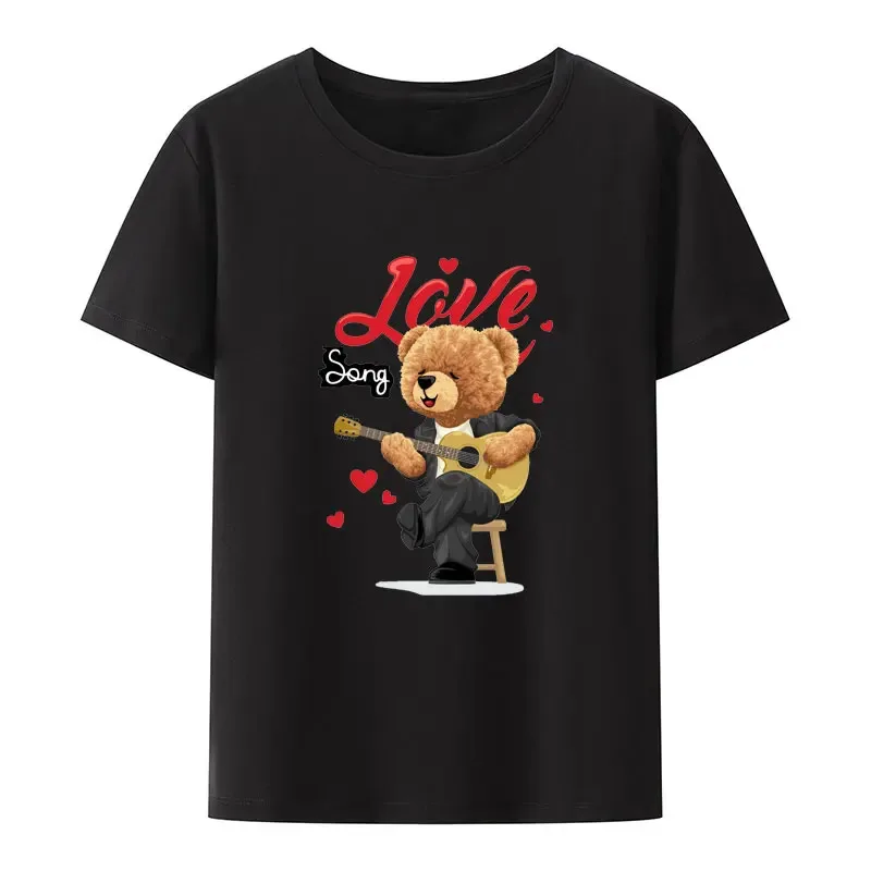 Funny Cartoon Bear Sitting on Chair While Playing Guitar and Singing Print T Shirt Men Women Novelty Creative Hipster Cool Tops