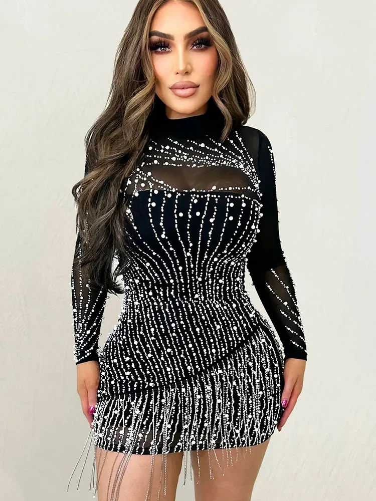 

Sparkly Diamonds Rhinestones Tassel Birthday Dress for Women Nightclub Party Sheer Mesh Patchwork Long Sleeve Bodycon Mini Dress