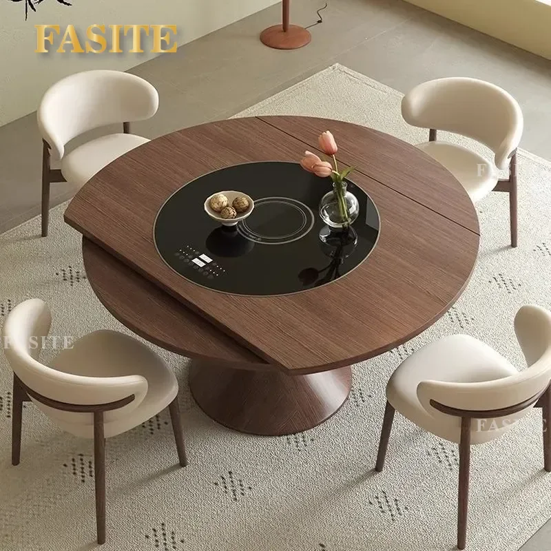 For Round Dining Table Antique Telescopic Solid Wood Walnut Multi Functional Smart Induction Cooker Turntable Retro Household