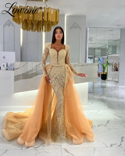 Robe de soiree doree Aso Ebi perles scintillantes deuxieme reception anniversaire fiancailles quelle que soit l arabe Dubai manches longues robe de soiree 2023 AliExpress