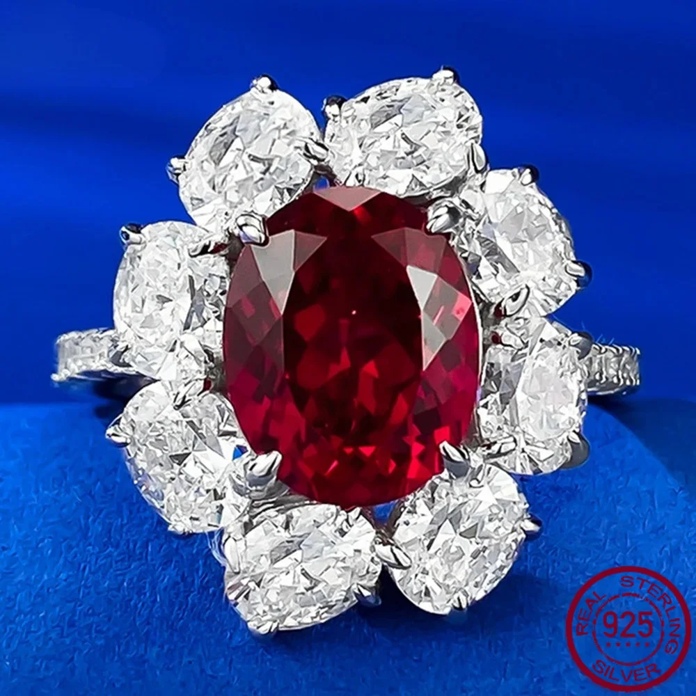 Yaranyan 100% 925 Sterling Silver Oval 8*10 MM Ruby High Carbon Diamond Gemstone Vintage Women Ring Wedding Engagement Jewelry