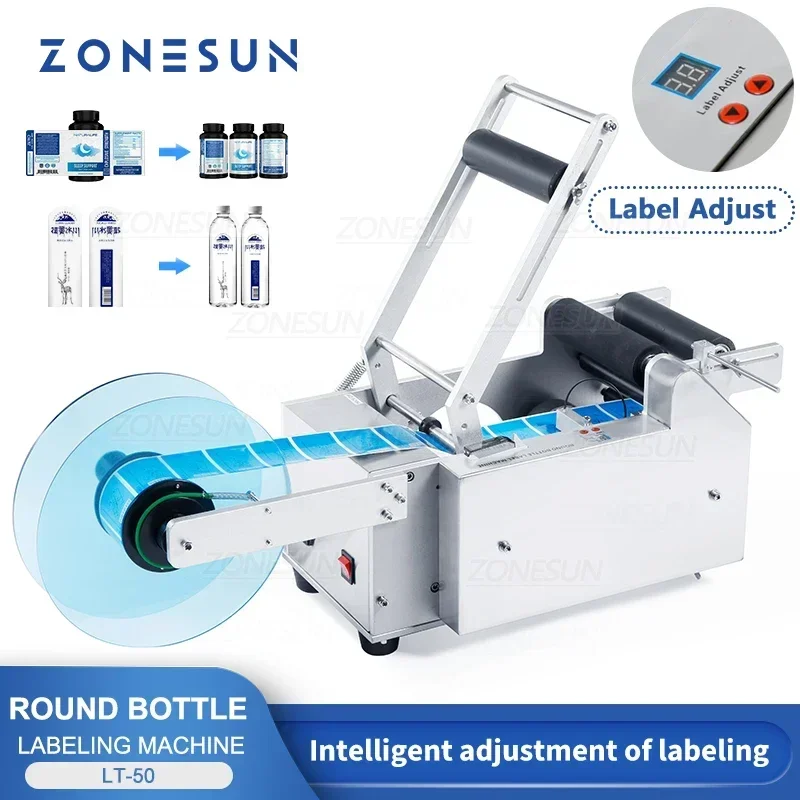 ZONESUN Round Bottle Label Machine Plastic Labeling Sticker Machine Label Dispenser Machine Label Applicator ZS-LT50