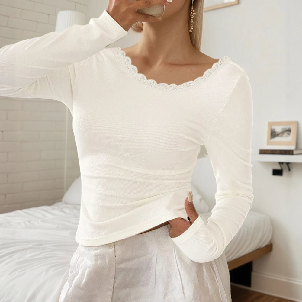 

Сексуальный топ с кружевной отделкой и открытой спиной и длинными рукавами для женщин, модная футболка в сладком и пряном стиле