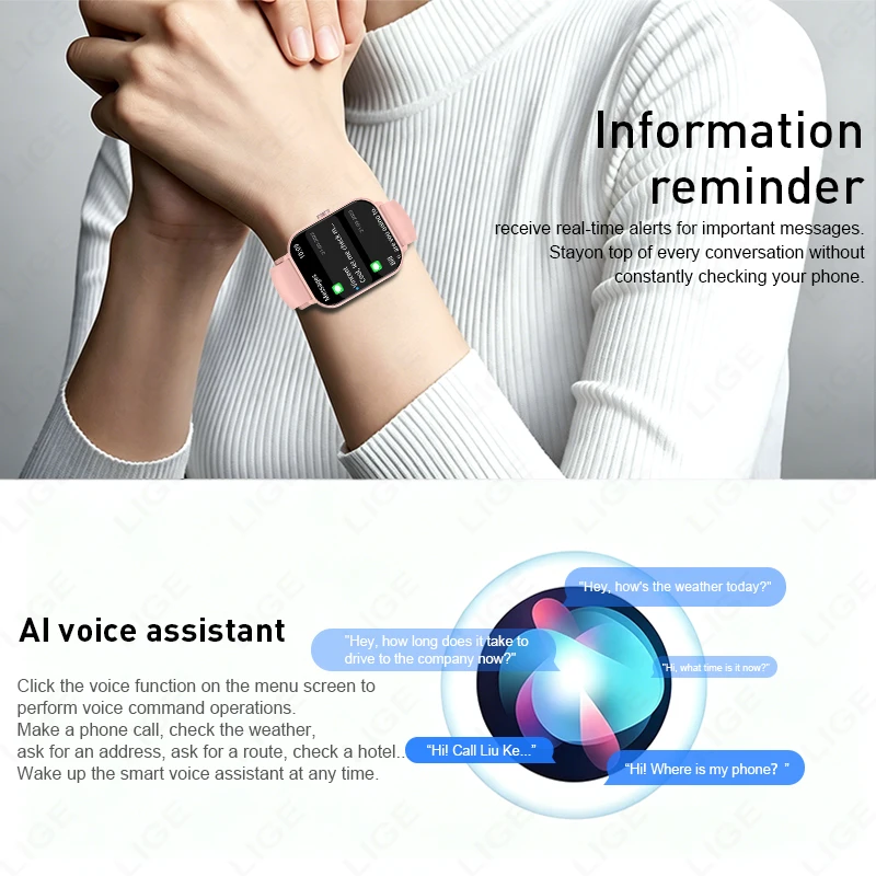 LIGE New Smart Watch 1.83 Inch HD Display Answer Make Call Message Preview Sport DIY Dial Weather Forecast Smartwatch Men Women