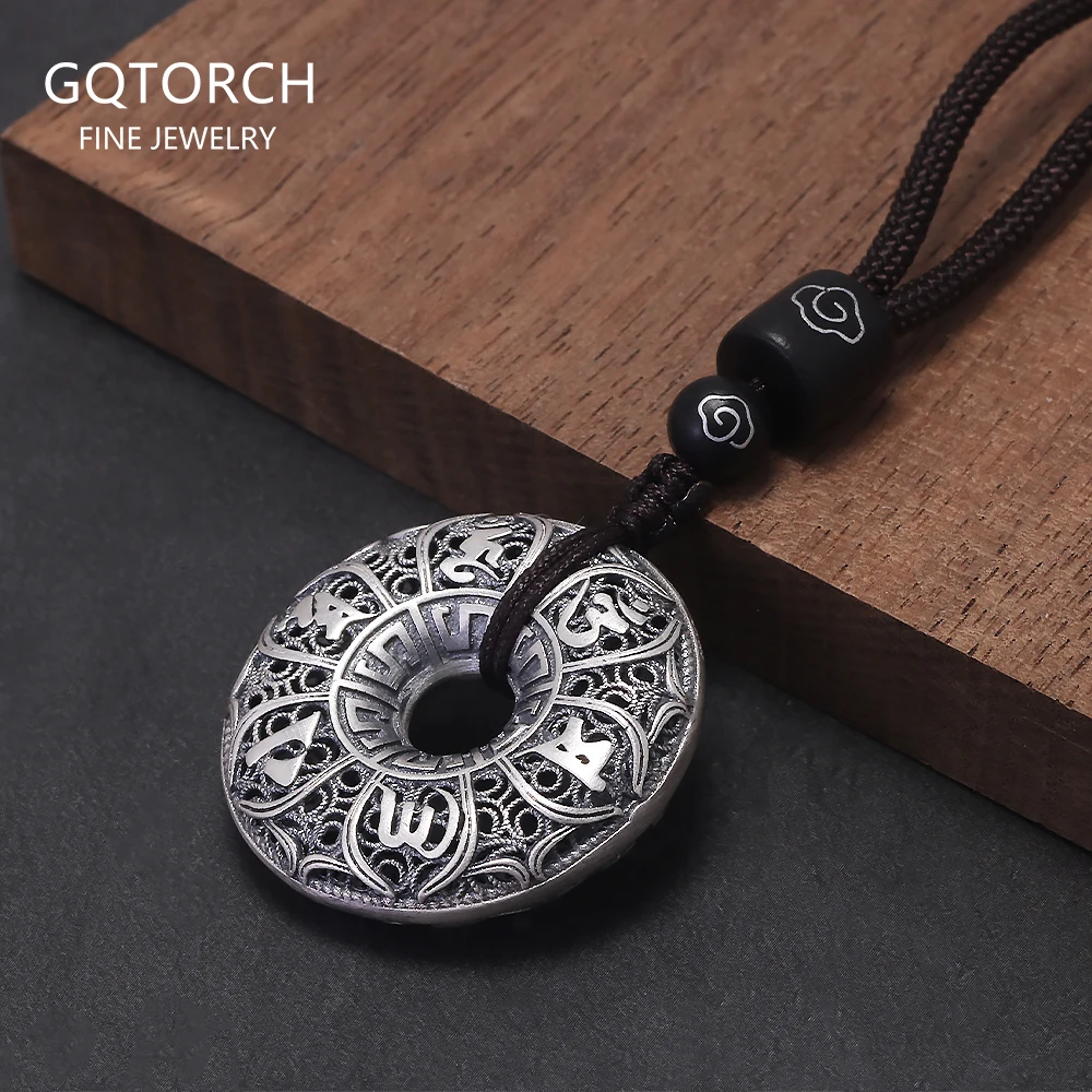 925 스털링 실버 육자진언 목걸이 남성용 원형 펜던트 브라운 로프 빈티지 종교 장신구