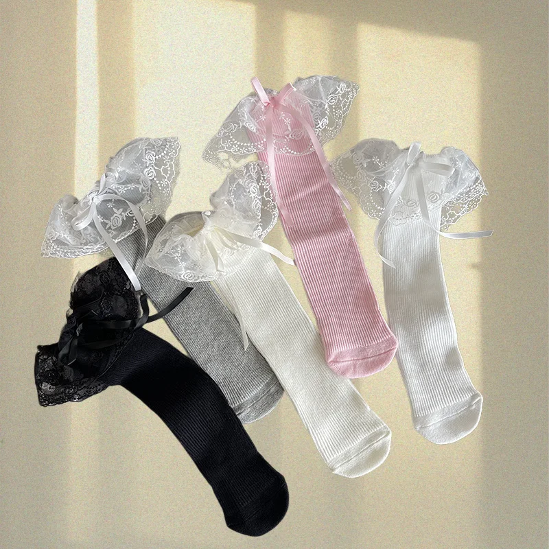 2026 Childrens Sweet Ruffle Lace Knee High Socks for Girls Soft Cotton Kids Long Socks with Bow Detail for Princess Dress Up