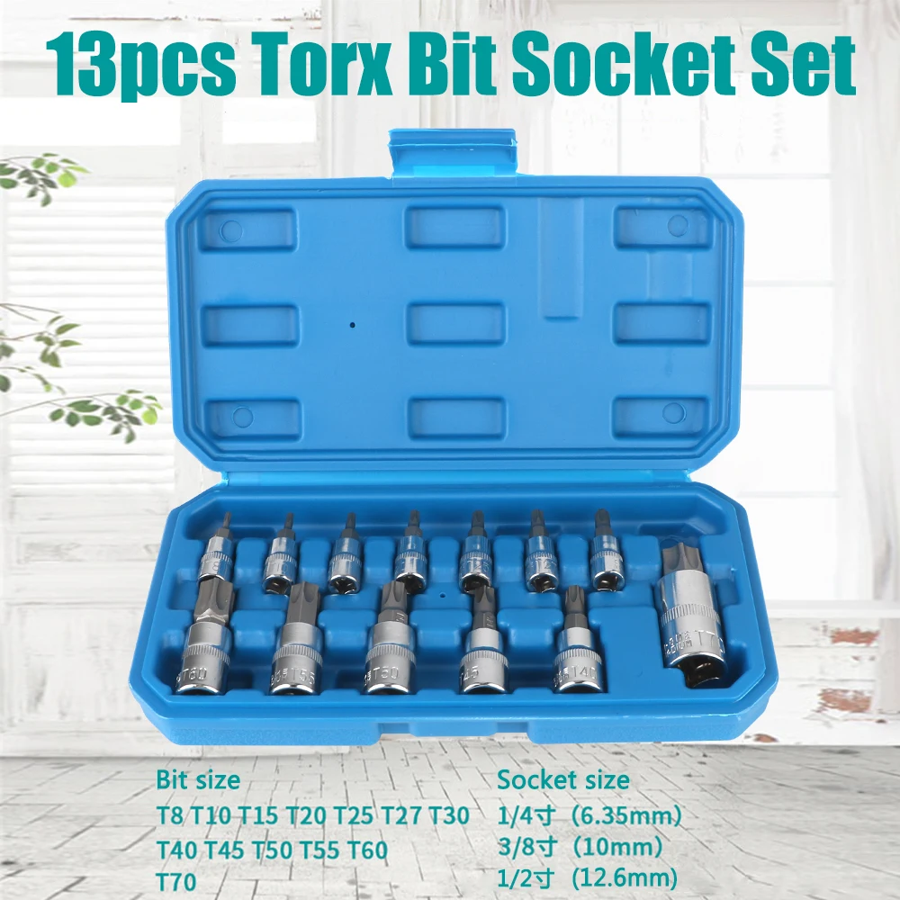 For Ratchet Torque Spanner 13 Pcs Torx Bit Socket Set Socket Wrench Tools 1/4