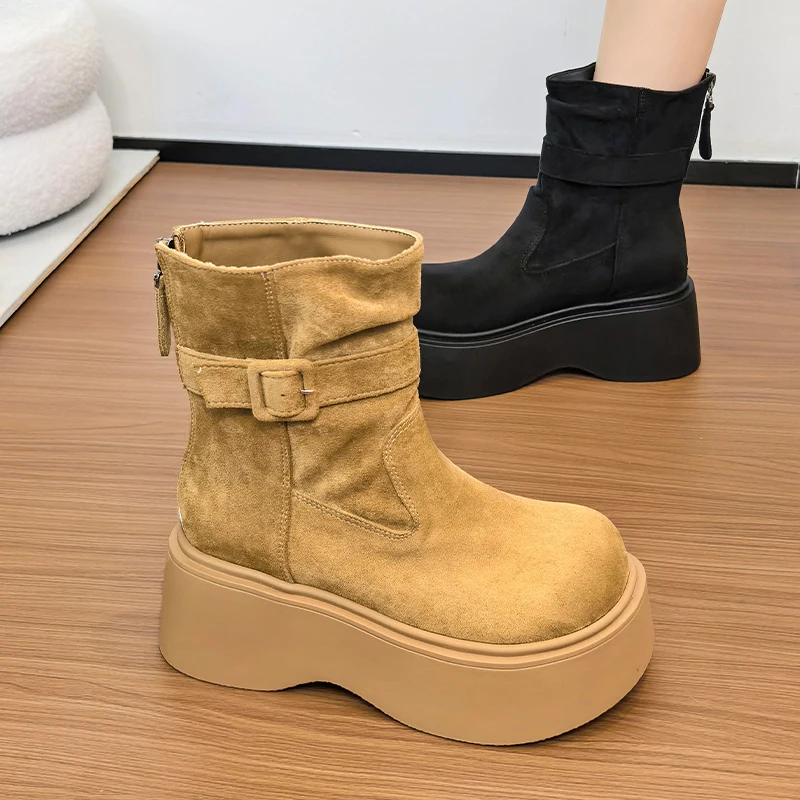 

Ботильоны на меху, женская обувь на плоской подошве, замшевая модная обувь на платформе, дизайнерские модельные женские ботинки, новинка 2025 года, готическая женская обувь Chelsea Botas