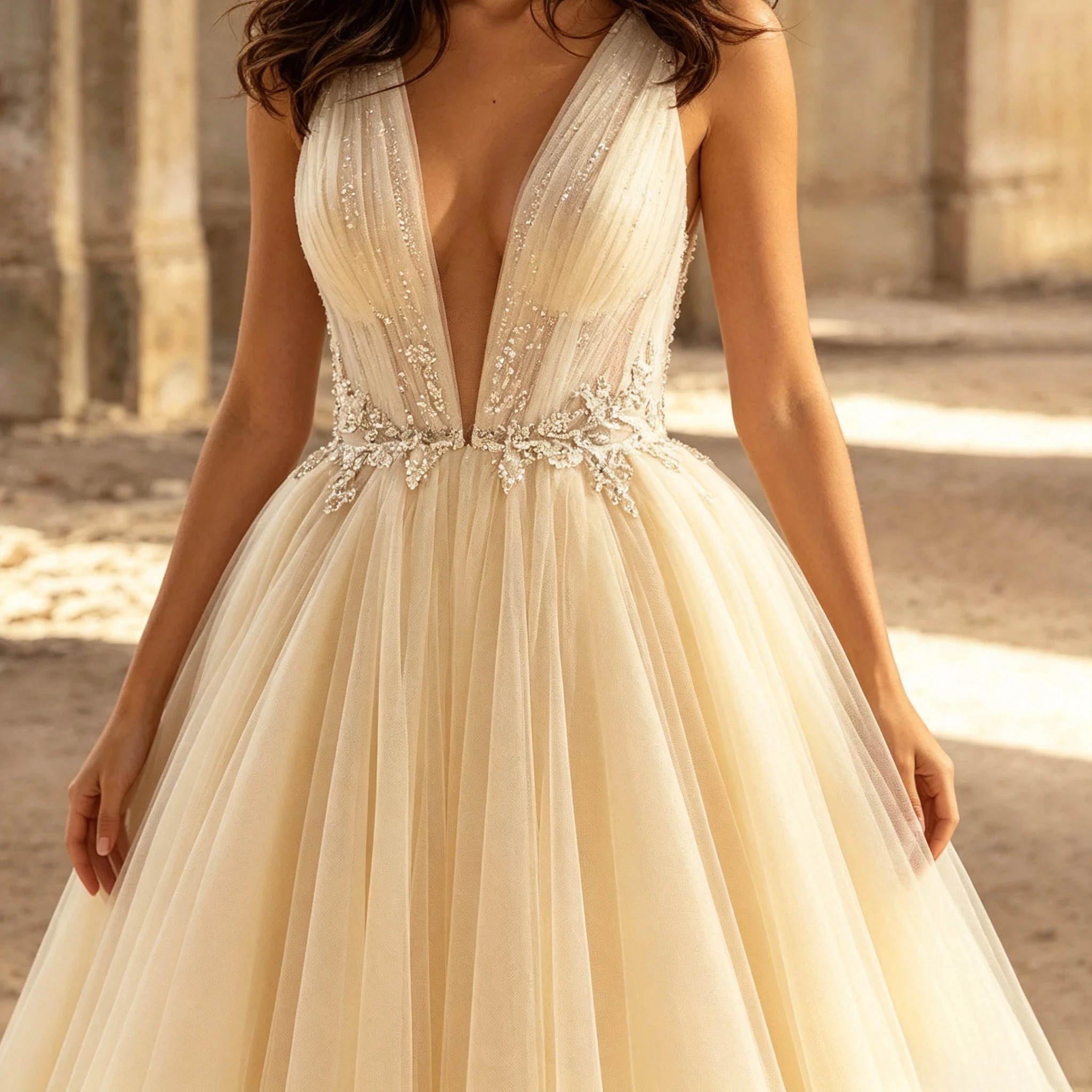 Customized Exquisite V-Neck A-line Sleeveless Wedding Dresses Appliques Draped Tulle Open Back Floor Length Bridal Gown for 2026