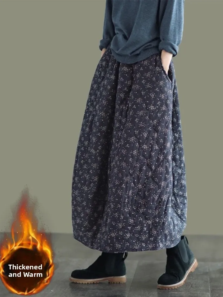 Retro Floral Cotton Half Skirt Women's Winter Thick Warm A-Line Midi Skirt Cotton Linen Bloom Skirt High Waist Elastic Waist