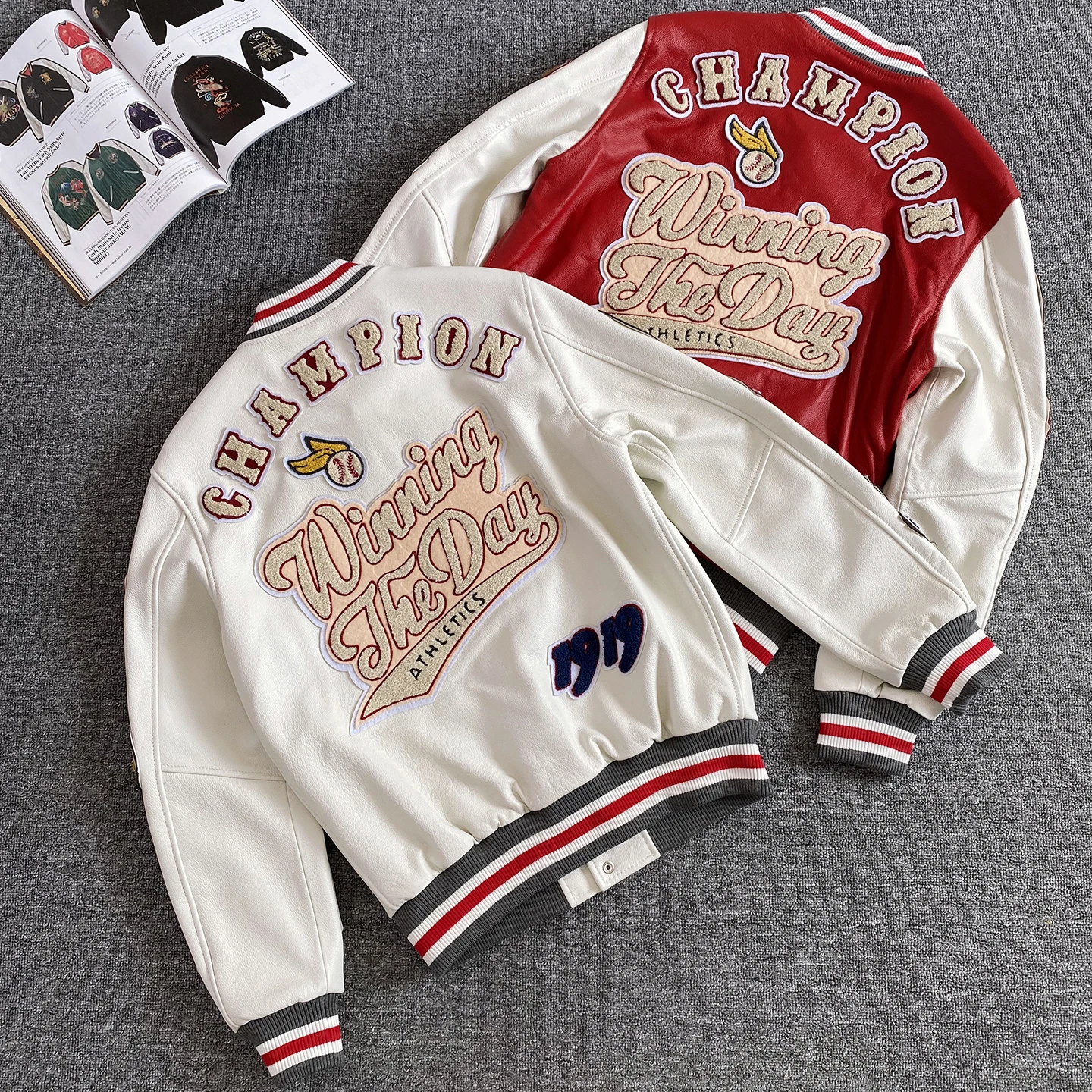 Casual leather jacket for men, embroidered white and red jacket, high-quality calf leather factory direct sales