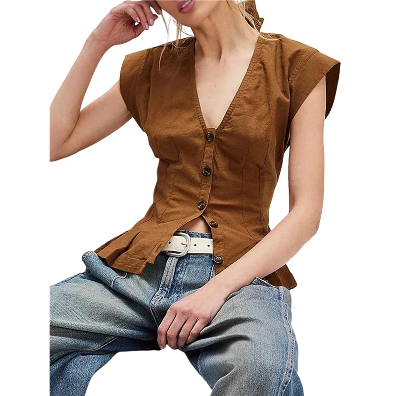 

ASDS-Women Lace Trim Cardigan Shirt Short Sleeve Button Down Ruffle Hem Blouse Summer Boho Y2K Tops