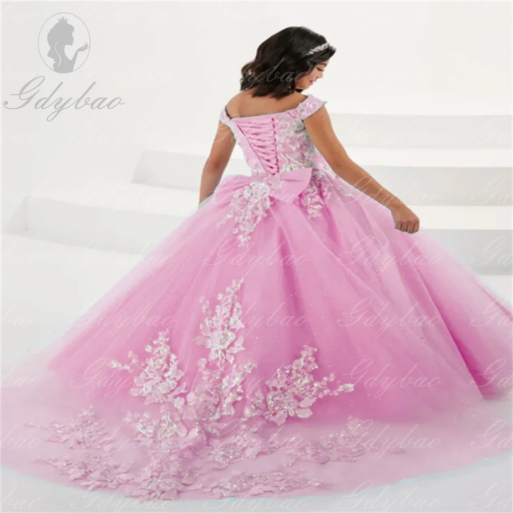 Vestidos rosas elegantes para desfile de belleza para niña, vestidos de flores para boda, encaje, tul, lentejuelas, cuello plano hinchado, baile de comunión elegante para niños