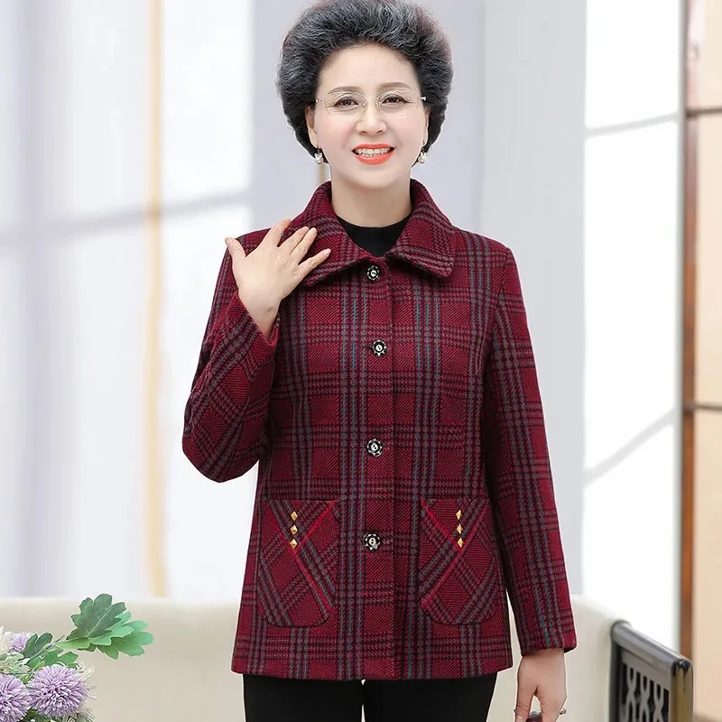 Middle Aged Elderly Mother Short Coat Spring Autumn Grandma Costume Plaid Cardigan Jacket New Women Add Velvet Warm Outwear