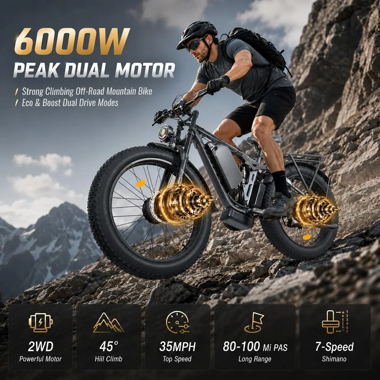 6000W Dual Motor AWD E-Bike 26in Fat Tire 54.6V 20AH 7 Speed Full Suspension Hydraulic Brakes Mountain Off-Road, Customized
