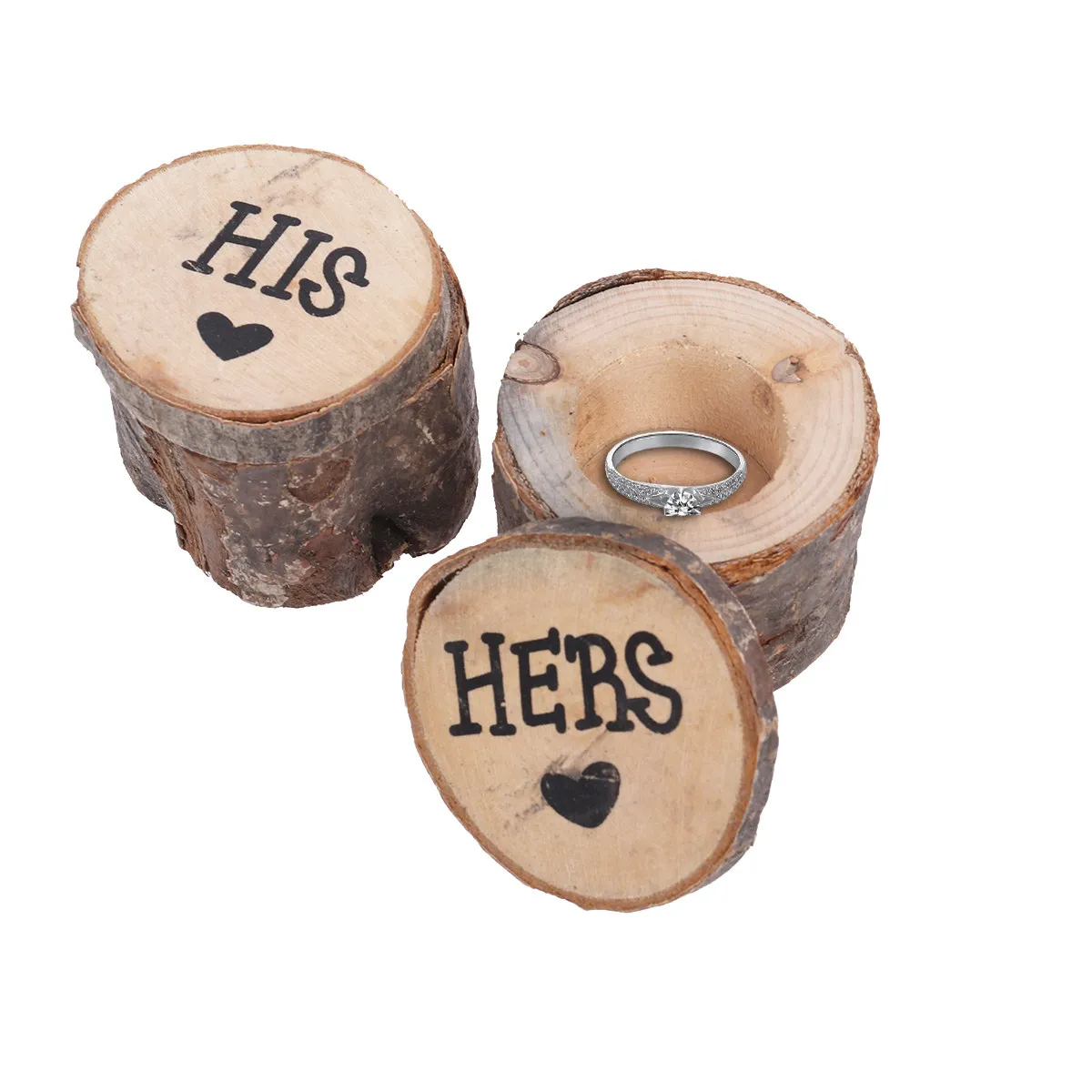 

2Pcs Rustic Wedding Ring Box Wood Natural Color Hers His Printed Vintage Shabby Chic Diameter 6Cm Height 5Cm Wedding Ring Bearer