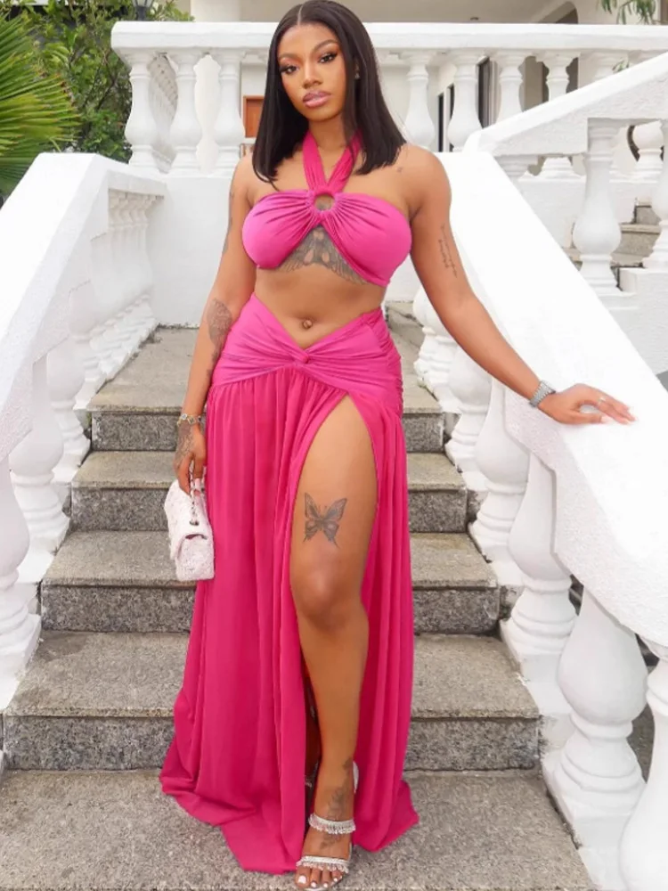 Ensemble deux pièces sexy pour femme : haut bustier à col halter et jupe fendue haute – Tenue de plage été 2026
