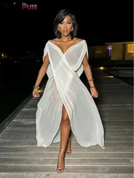 Weird Puss See Through Dress Woman Summer Sexy Cross Splits Sleeveless Solid Chic Fashion Ruffles Swimsuit Beach Loose Vestidos