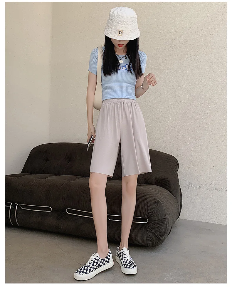 Women\'s Summer Shorts Thin Loose High Waist Straight Casual Wide Leg Pants Sports Shorts Elegant Solid Color Women Clothing