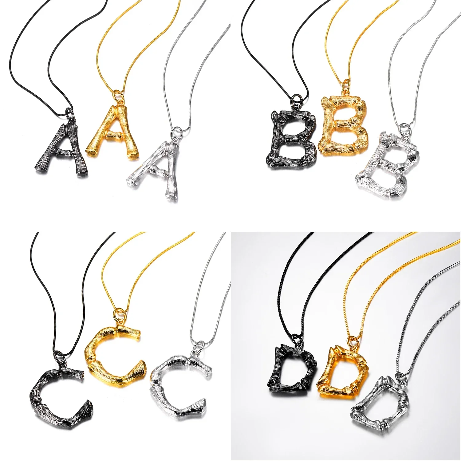 U7 Initial 3D Bamboo Necklace for Women 20inches Snake Chain 26 Letters A-Z Black Silver Gold Color Personalized Jewelry QC24