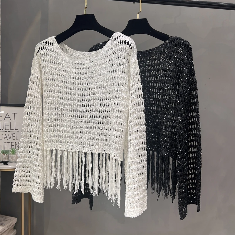 

New Arrival Women's Korean Style Lazy Elegant Sequin Knitted Cardigan - Hollow Out Sun Protection Tassel Loose Fit Fashion Top